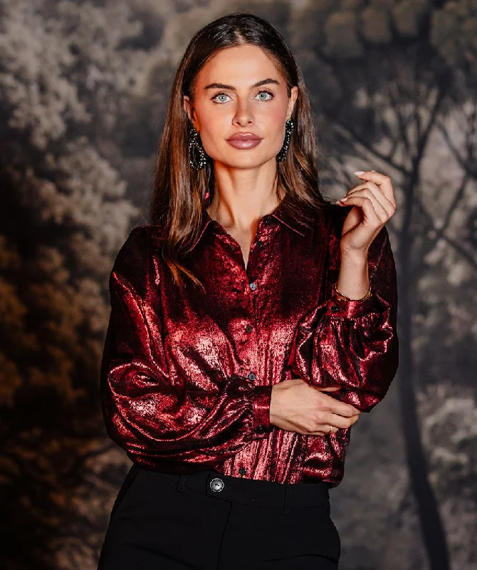 Women's Zip-Up SweatersEsqualo Red Foil Shirt Blouse