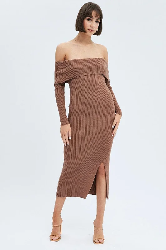 Women's Ukrainian Wool SweatersBrown Midi Dress Long Sleeve Off Shoulder Bardot Knit