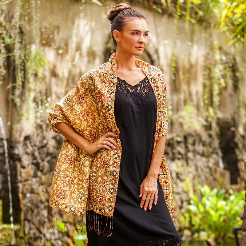 Women's Boat Collar SweatersTruntum Forest in Ginger Batik Silk Shawl with Ginger Floral Motifs from Bali