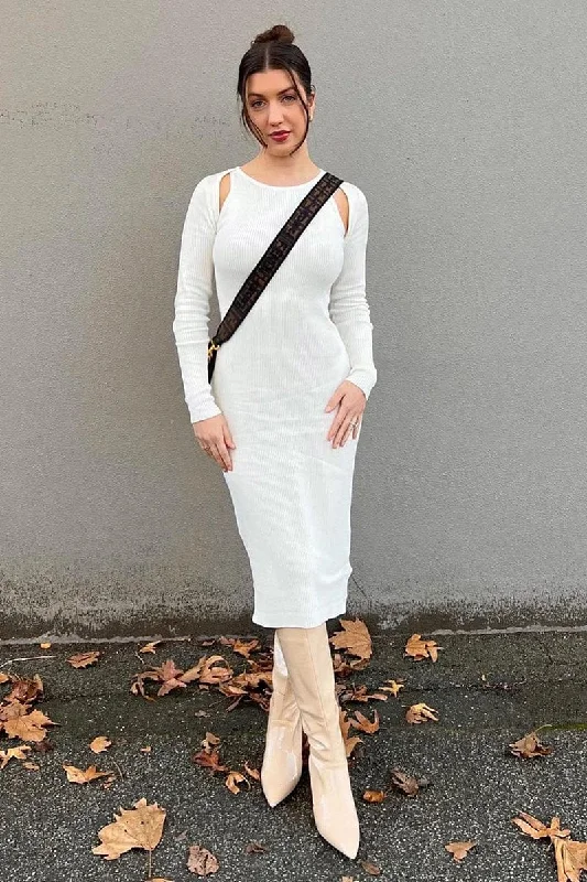 Women's Lapel Collar SweatersWhite Midi Dress Long Sleeve Keyhole Bodycon Rib Knit