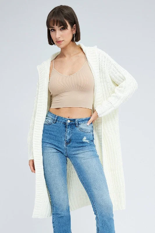 Women's Greek Wool SweatersWhite Oversized Longline Cardigan Hooded