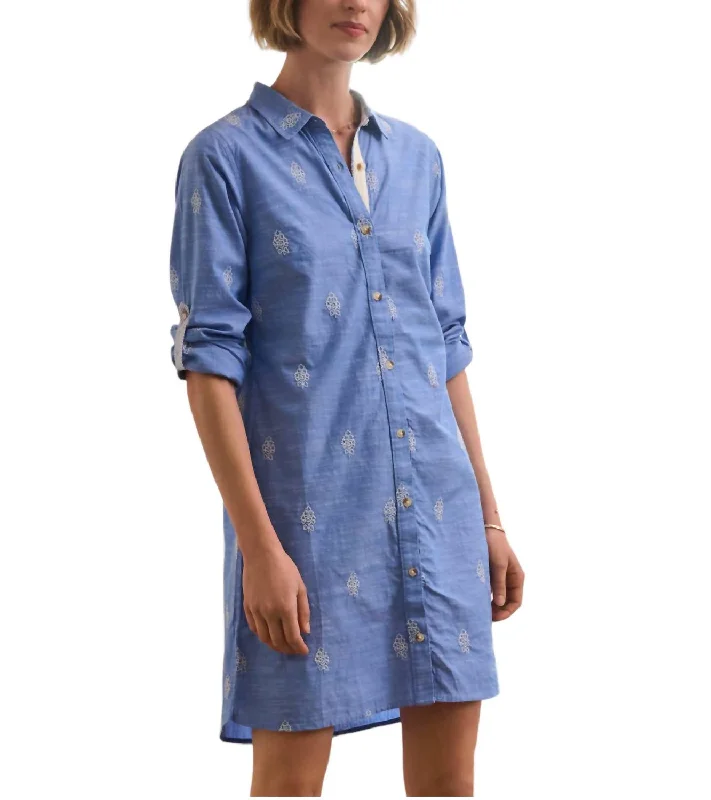 Women's Low Collar DressesCara Shirt Dress In Blue White Flower Embroidery