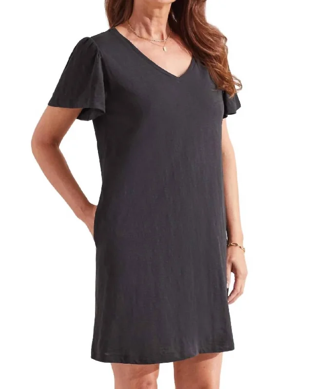 Women's Gathered DressesCotton Flutter Sleeve V-Neck Dress In Black