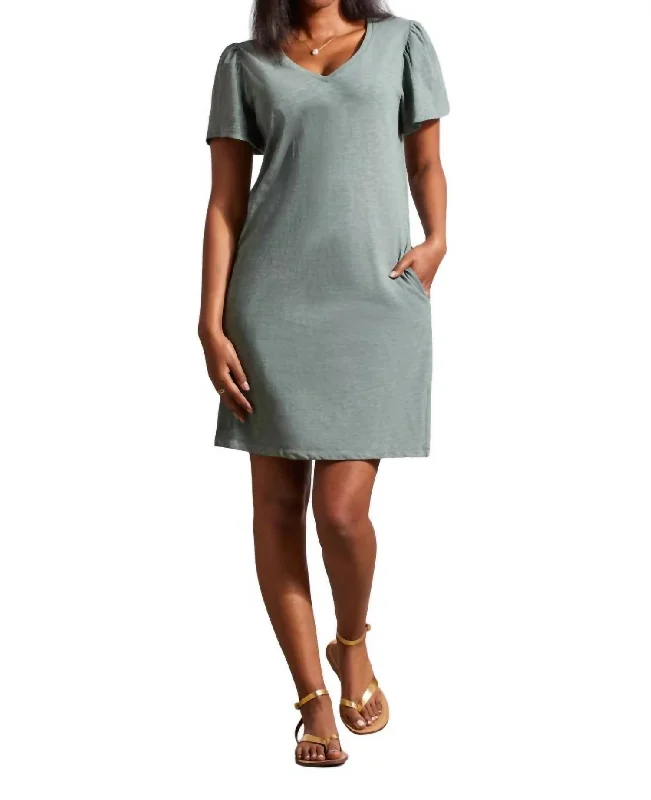 Women's Notched Collar DressesCotton Flutter Sleeve V-Neck Dress In Cypress