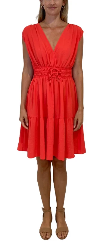 Women's Keyhole-Back DressesElastic Waist Tie Surplice Flounce Dress In Hot Coral