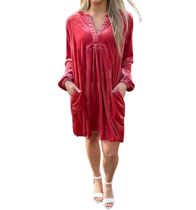 Women's Fit and Flare DressesLong Sleeve Velvet Tunic Dress In Lipstick Coral