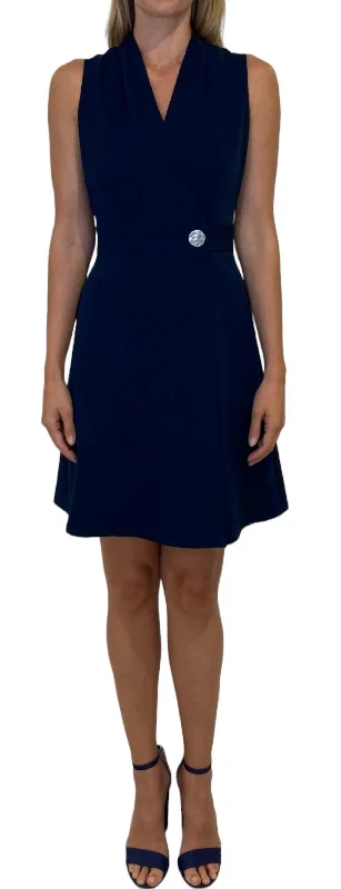 Women's Peter Pan Collar DressesPleated Neck Wrap Dress In Navy