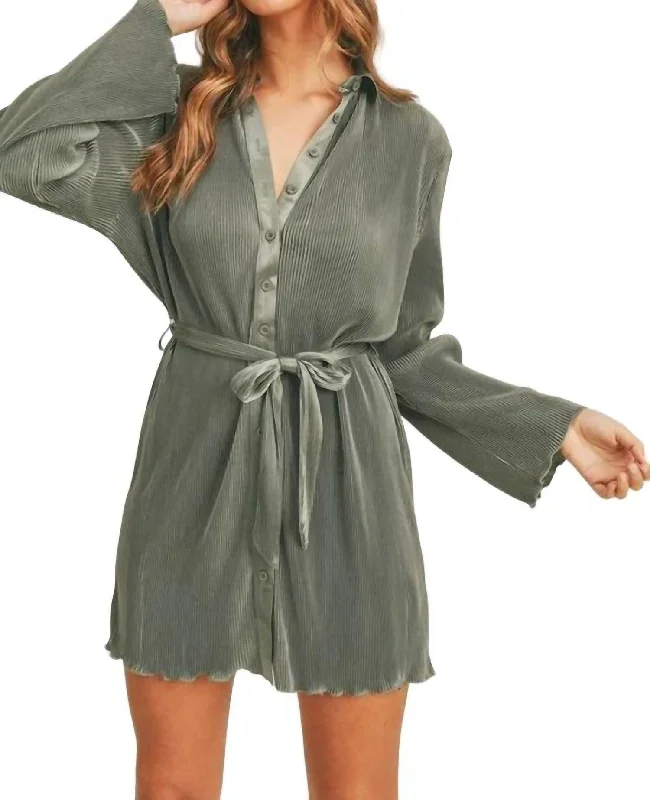 Women's Mini DressesPleated Shirt Dress In Olive