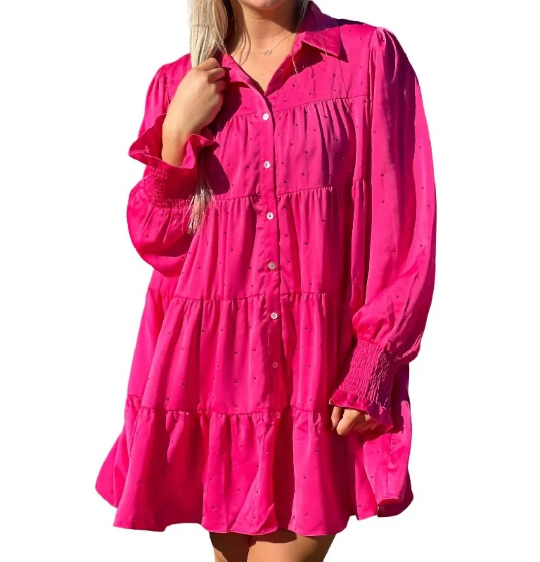 Women's Off-the-Shoulder DressesRhinestone Button Down Shirt Dress In Hot Pink