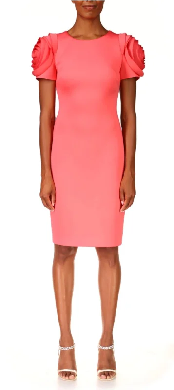 Women's Pleated DressesRosette Sheath Dress In Deep Coral