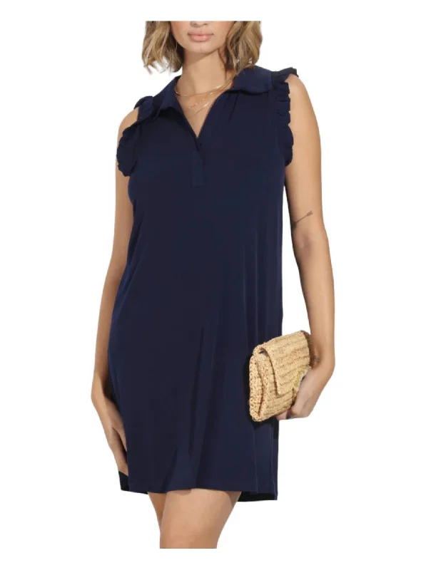 Women's Shirt Collar DressesRuffle Sleeveless Swing Dress In Navy