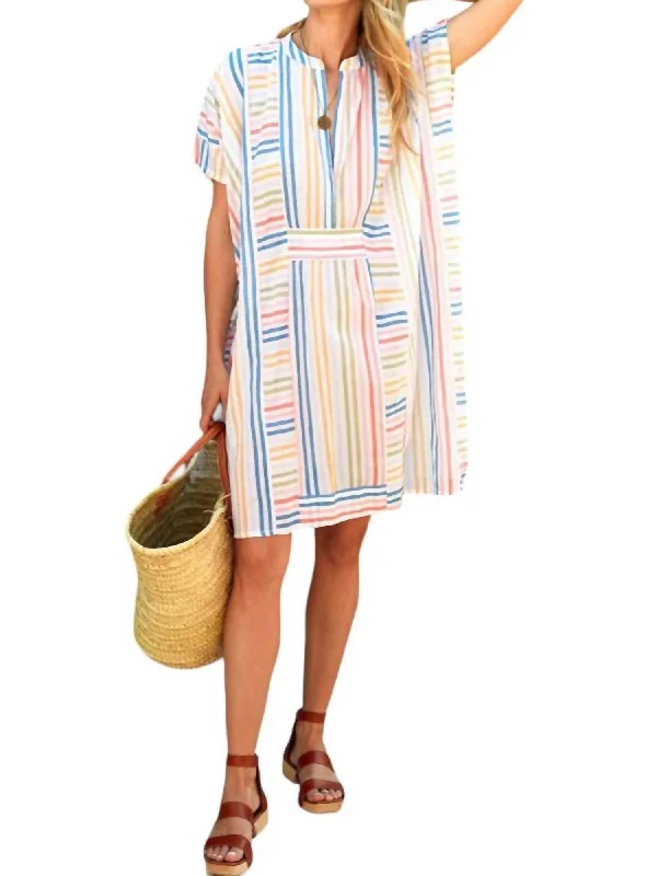 Women's Shirt Collar DressesShort Caftan Dress In Rainbow Stripe Organic