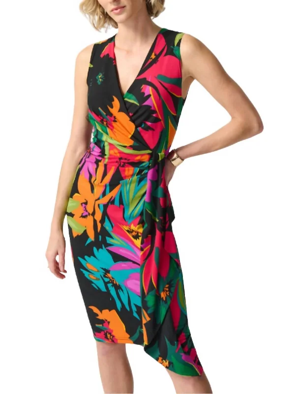 Women's Collarless DressesSilky Knit Wrap Dress In Tropical Print