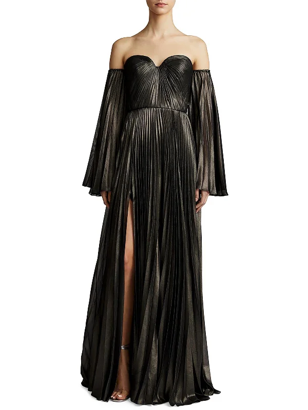 Women's Low Collar DressesWomens Pleated Metali Evening Dress